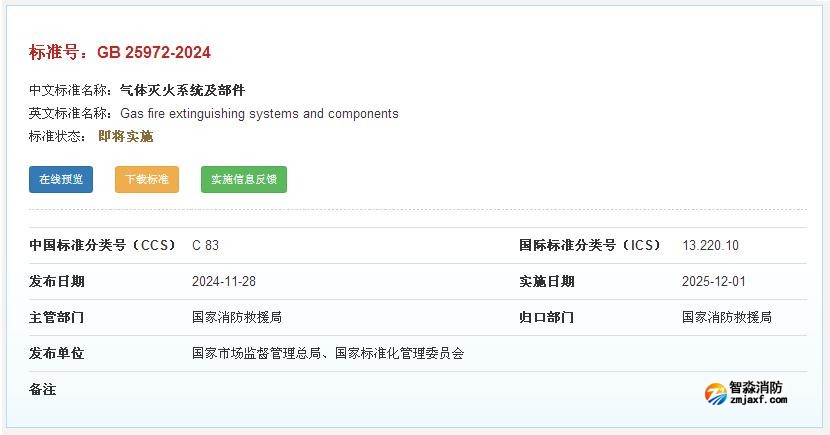 国家标准《气体灭火系统及部件》GB 25972-2024正式发布